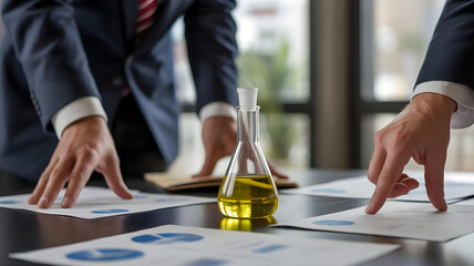 Business people discussing charts on a table, with an Erlenmeyer flask containing yellow oil in the center, symbolizing financial analysis and strategies in the energy sector.