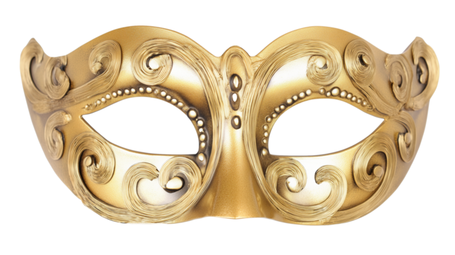 Ornate gold-colored mask with intricate symmetrical patterns on transparent background