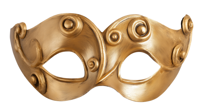 Ornate gold-colored mask with intricate symmetrical patterns and circular motifs on transparent background