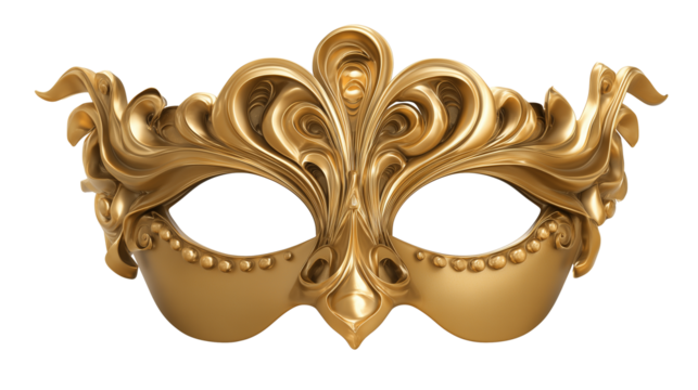 Ornate gold mask with intricate floral motifs on transparent background