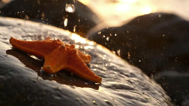Close-up shot of an orange starfish resting on a wet, dark rock with water droplets.