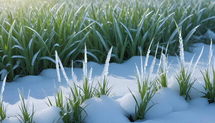 Row of bright green grass covered in hoarfrost, pushing through patches of white snow against a field background.