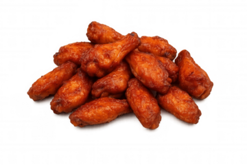 Pile of crispy fried chicken wings coated in a savory barbecue sauce, ready for a meal or party, transparent background