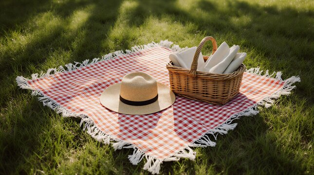 blanket with napkins laid on green grass texture, perfect for summer advertising | picnic, summer, advertising, background, event theme