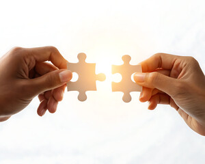 Two hands holding puzzle pieces about to connect against a bright white background with a light flare