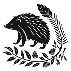 Stylized black hedgehog silhouette surrounded by leaves and branches