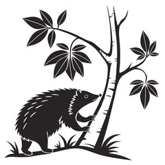 Stylized black silhouette of a badger climbing a tree