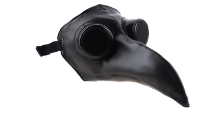 Black plague doctor mask with elongated beak and round eye openings on transparent background