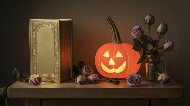 Eerie still life with glowing jack-o'-lantern, golden book, and wilting pink roses in a vase on a table.