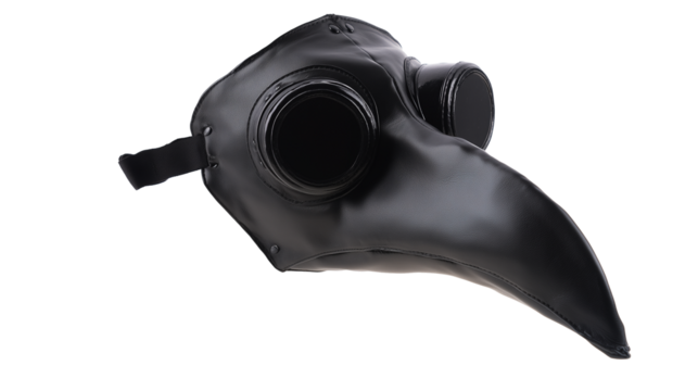 Black plague doctor mask with elongated beak and round eye openings on transparent background