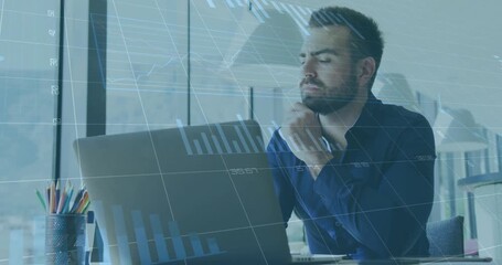Analyst at desk by window propping chin observing charts overlay initiating typing finance analysis - Powered by Adobe