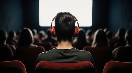 young man engrossed in audio experience with headphones during a theatre show | entertainment, technology, relaxation, lifestyle, events theme
