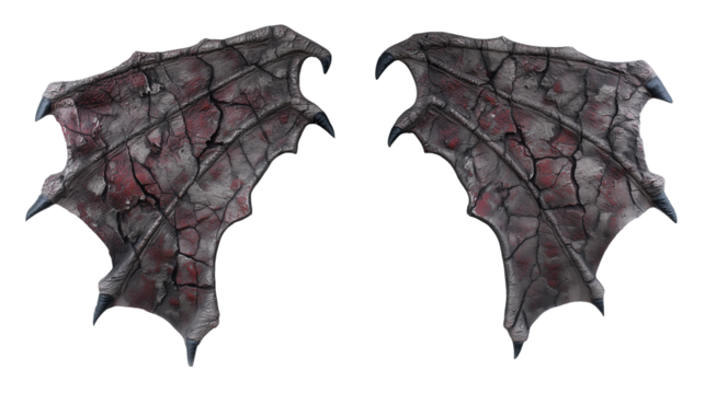 Pair of intricately crafted dark leather-like wings with weathered texture and reddish-brown accents on transparent background