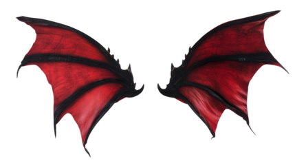 Pair of symmetrical dragon-like wings with red and black tones on transparent background