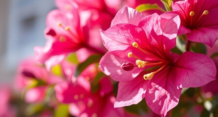 Fototapeta premium Close-up of blooming bougainvillea, soft wind, radiant petals, artistic and serene composition