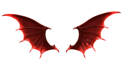 Pair of symmetrical red bat-like wings with leathery texture on transparent background