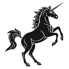 Majestic black unicorn rearing up on white background