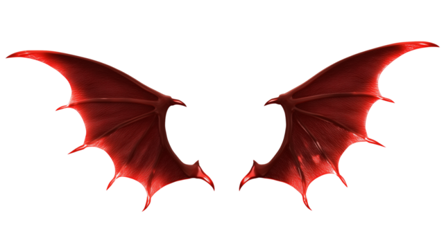 Pair of symmetrical red bat-like wings with leathery texture on transparent background