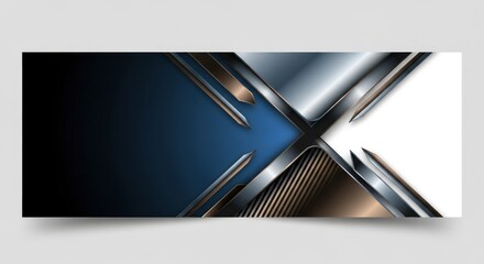 Abstract angular design with metallic silver and bronze layers over dark blue and white fields