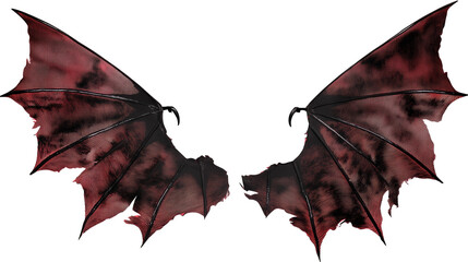 Pair of large dark red bat wings with black veins on transparent background