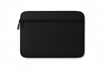 Black laptop sleeve offering protective storage for a notebook or tablet, featuring a front zipper pocket. Transparent background