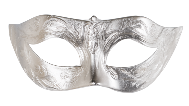 Polished silver masquerade mask with intricate floral engravings on transparent background