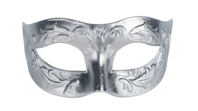 Ornate silver masquerade mask with floral engravings on transparent background