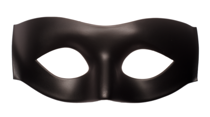 Sleek black minimalist mask with almond-shaped eye openings on transparent background