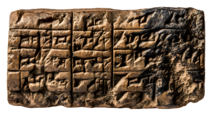 Close-up of a weathered, clay tablet with Babylonian cuneiform writing. isolated on white background  ---q 2