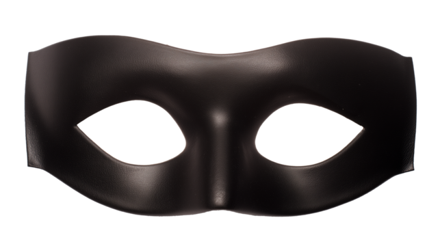 Sleek black minimalist mask with almond-shaped eye openings on transparent background