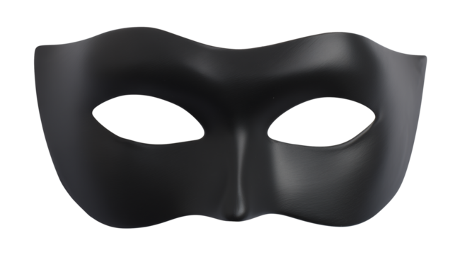 Sleek black Venetian-style mask with elongated eye openings on transparent background