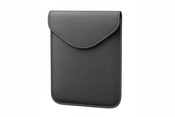 Black leather protective case for tablet or smartphone device, soft pouch with elegant flap, isolated on transparent background