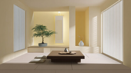 Fototapeta premium Serene Japanese Interior with Tatami Flooring and Sliding Doors, Featuring Minimalist Design Elements and Natural Light