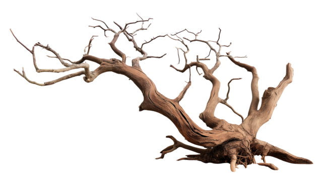 Weathered tree branch with gnarled and twisted form on transparent background - Powered by Adobe