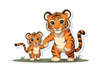 Cartoon tigers walking together in a grassy field