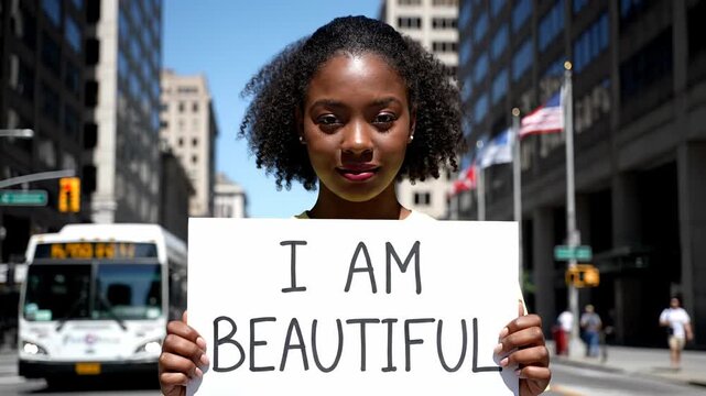 A woman holds a sign that reads 'I AM BEAUTIFUL' in a city street. An empowering portrait of self-love and confidence. Body positivity, self-affirmation, urban activism.