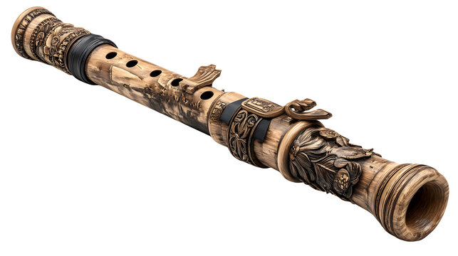 An ancient Greek aulos, a double reed instrument, with intricate carvings. isolated on white background  ---q 2