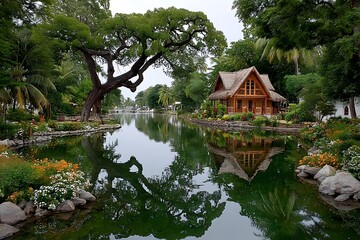 Obraz premium Riverside hut surrounded by lush greenery high resolution picture