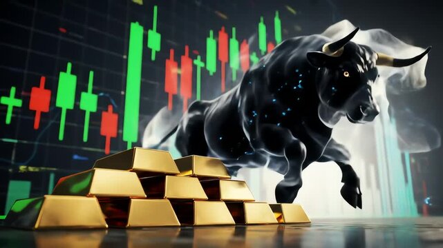 Golden gold bars stacked near a charging bull on financial chart