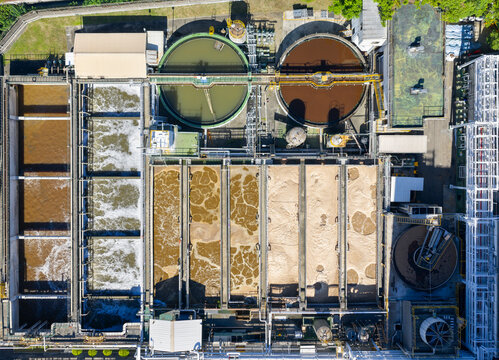 Aerial View of Wastewater Treatment Plant Tanks