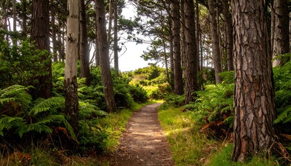 Obraz premium Sunlit path through a pine forest