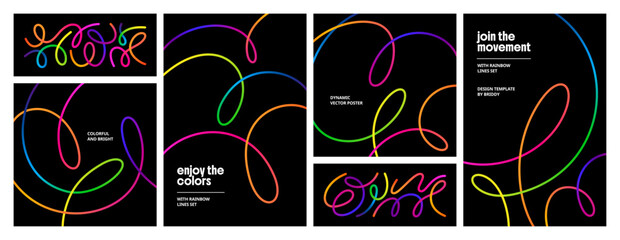 Abstract Color Line Shape Graphics. Vector Gradient Line Pattern Design. 3D Modern Backgrounds with Rainbow Colored Ribbon Waves.