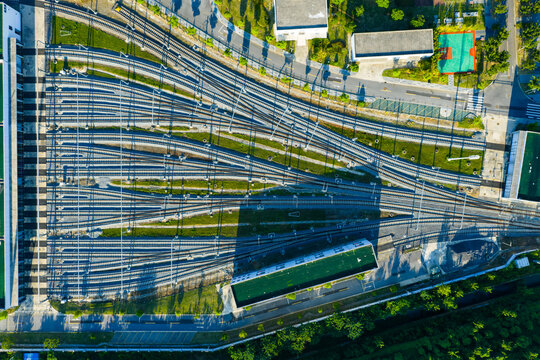 Aerial view of railway tracks and switches in train yard