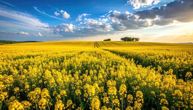 Vibrant Canola Field Under a Dramatic Sky at Sunset with Yellow Flowers and Rolling Hills in a Rural Landscape during Golden Hour - Powered by Adobe