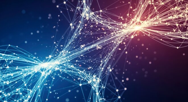 Abstract network of glowing lines and scattered dots on a dark blue and purple gradient background with bright focal points