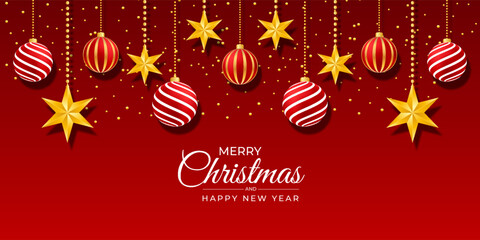 Merry christmas banner with red ball and golden stars with christmas ornamects red background