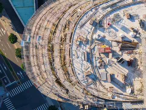 Aerial View Circular Building Construction Site Progress
