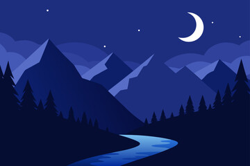 Naklejka premium Night landscape with mountains and river scenery view