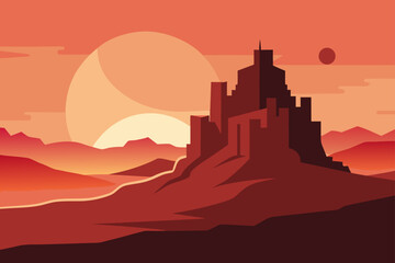 Fototapeta premium Desert landscape with castle and celestial objects