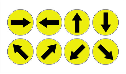 Yellow emergency exit direction sign set, safety assembly point symbol, escape help evacuation, straight pointer arrow